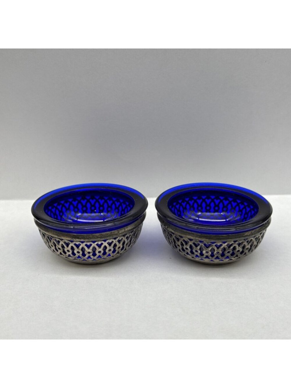 Set of 2 Antique Webster Sterling Silver Cobalt Open Salt Cellars American 2”